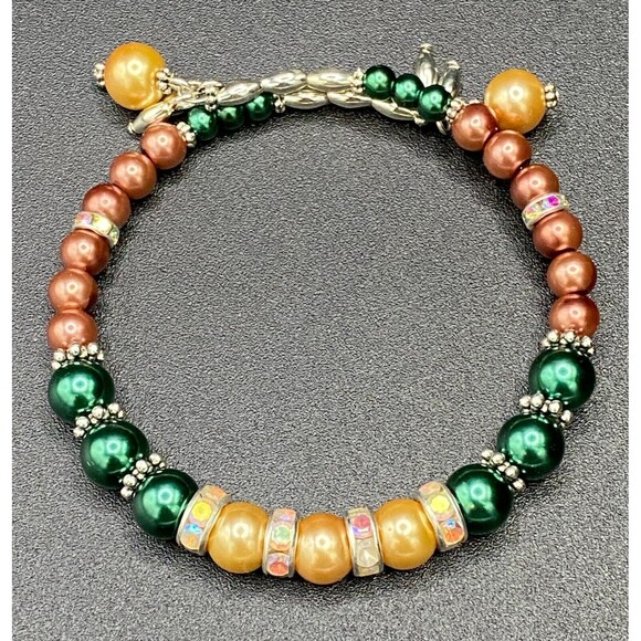 Cream Brown & Green Faux Pearl Memory Wire Bracelet by Neanie-Bot - Picture 1 of 2
